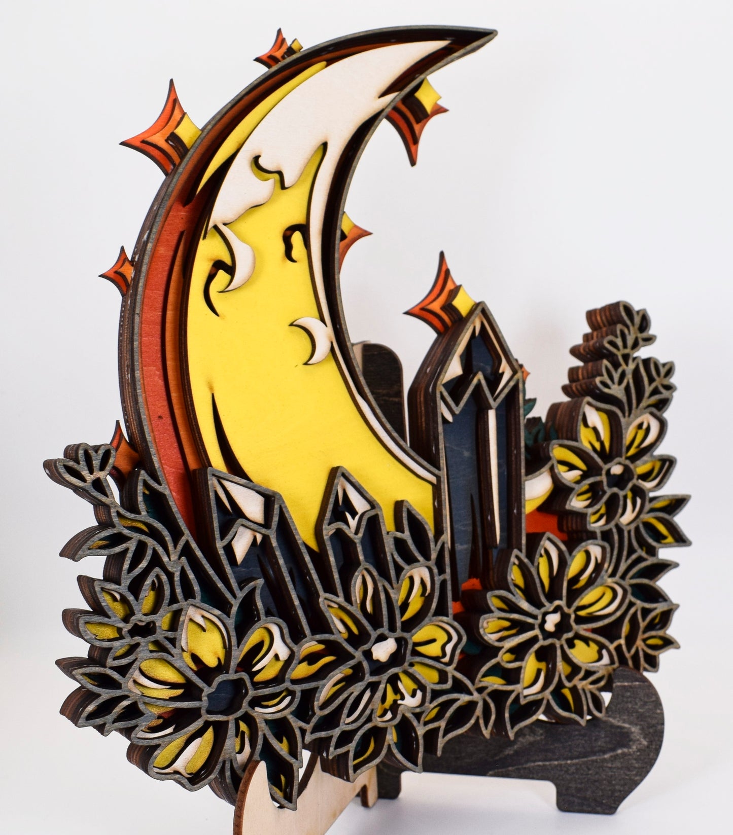 Celestial Crescent Moon with Crystals & Flowers