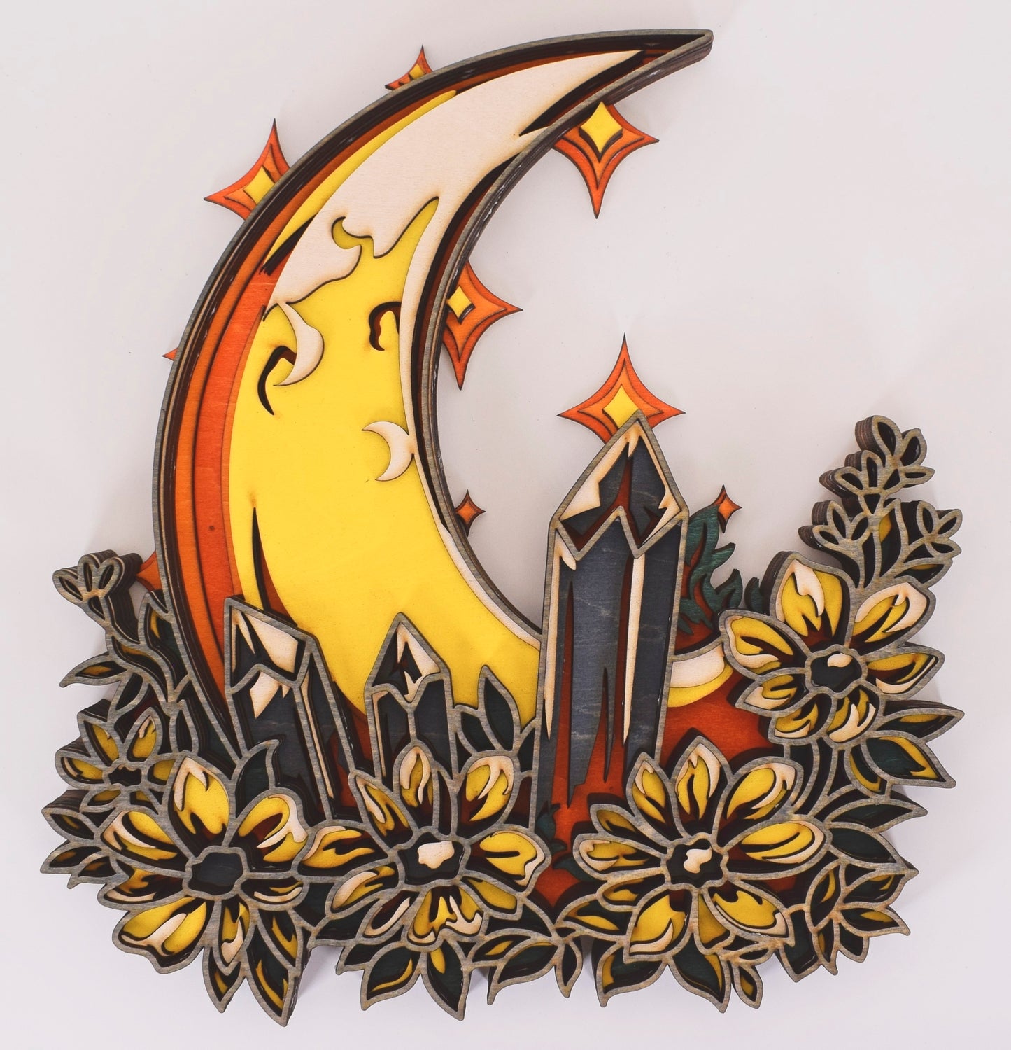Celestial Crescent Moon with Crystals & Flowers
