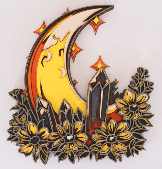 Celestial Crescent Moon with Crystals & Flowers